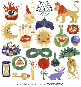 Colorful doodle set of trendy magic tattoo designs isolated on white background vector illustration