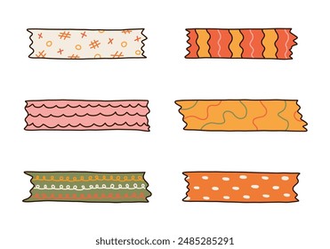 Colorful doodle set of washi tape stripes with squiggle, geometry, abstract, cute pattern. Adhesive tape with ornament. Trendy decorative scotch tape with ragged edges for scrapbook, planner, design