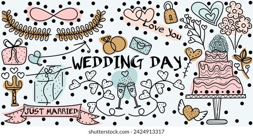 Colorful Doodle set Wedding Day with text Love you, Just married. Cute multicolored vector hand drawn illustration done in black, blue, pink and yellow colors. Isolated on blue background	