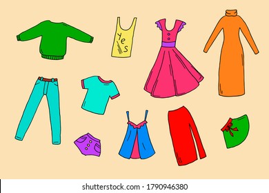 Colorful doodle set of women's clothing. Vector illustration by hand. Isolated from background