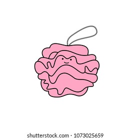 Colorful Doodle Shower Scrubber with smile. Shower Puff vector icon on white background