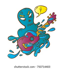 A colorful doodle sketch of a guardian water monster playing guitar to be use in gig poster, album cover, event, etc..