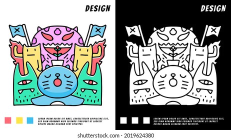 colorful doodle of sleeping cat and funny monsters. illustration for t shirt, poster, logo, sticker, or apparel merchandise.