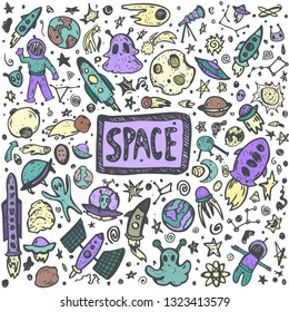 Colorful doodle space elements set. Vector illustration