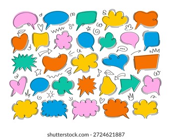 Colorful doodle speech bubbles of different shapes, forms and scribbles comic hand drawn style