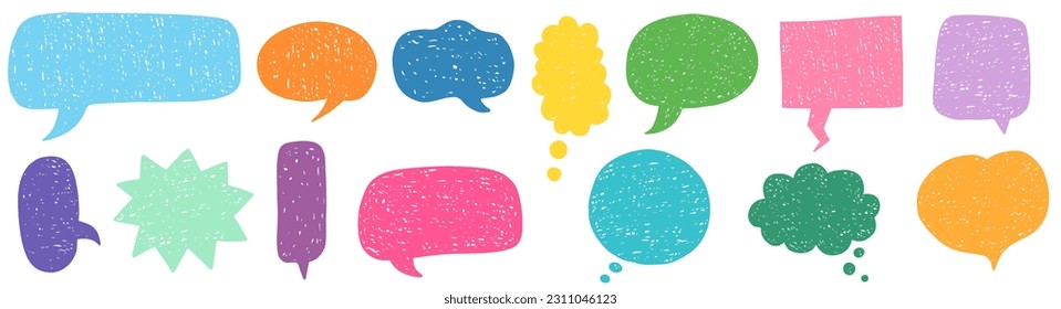 Colorful doodle speech bubbles, empty comic speech labels set for kids designs