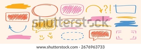 Colorful doodle speech bubbles and markers hand drawn arrows, highlights, frames and sketch design elements in pink, red and yellow