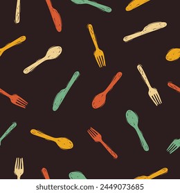 Cuchara de garabato colorido, cuchillo y tenedor patrón sin fisuras. Ilustración vectorial