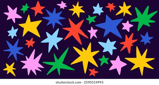 Colorful doodle star collection. Hand drawn vector stars and sparkles bright symbols set