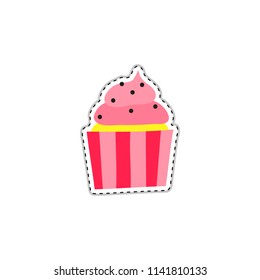 Colorful doodle sticker or patch with cupcake isolated on white background.