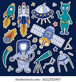Colorful doodle sticker set about cosmos and astronomy for planners, notebooks. Ready for print list of funny stickers with clipart of astronaut, comet, space jet, satellite, alien. Diary decoration.