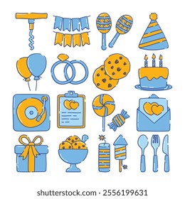 Colorful doodle style celebration icons Illustration featuring party hats, cake, balloons, fireworks, gifts, cookies, and more. Perfect for festive design, invitations, new year event themed projects.