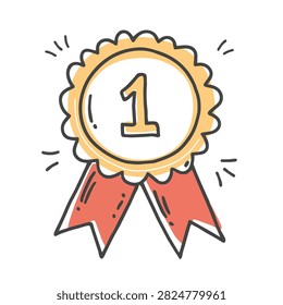 A colorful doodle style drawing of a circular number one winner badge featuring red ribbons isolated on a white background