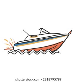 A colorful doodle style drawing of a sleek motorboat moving fast across wavy water with a splash effect behind it.
