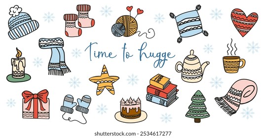 Colorful doodle style icons of winter clothing elements, dishes, food, decorations. Collection of elements of cozy home. The concept of comfort and coziness. Scandinavian hygge style.