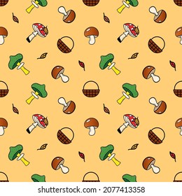 Colorful doodle style mushrooms, basket, leaves vector seamless pattern background for autumn, fall design.
