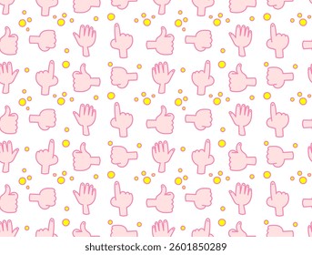 Colorful doodle style pattern consisting of hand gestures: palm, fist, like and index finger on white background