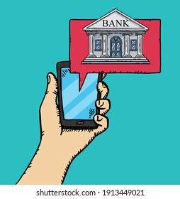 Colorful, doodle style vector illustration of hand holding smartphone with bank aplication on screen. Hand drawn vector illustration of online banking.