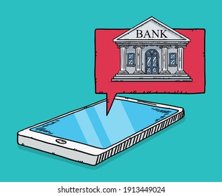 Colorful, doodle style vector illustration of smartphone and bank application on screen. Hand drawn vector illustration of online banking.