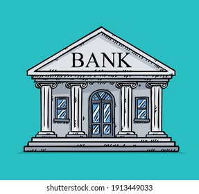 Colorful, doodle style vector illustration of bank. Hand drawn vector illustration of online banking.