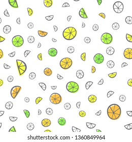 Colorful doodle summer citrus seamless background with hand drawn sketch style lemon, lime, orange slices. Vector pattern.