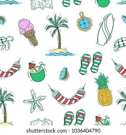 colorful of doodle summer icons or elements in seamless pattern