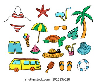 Colorful doodle summer illustration collection. Set of colorful doodle summer icons. Colorful travel icons set. Summer icon set.