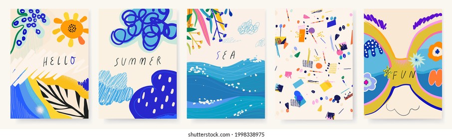 Coloridas ilustraciones vectoriales de verano de doodle. Modernas plantillas dibujadas a mano para tu diseño.