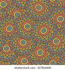 colorful doodle sunflower seamless pattern, hand drawn vector illustration