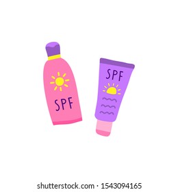 Colorful doodle sunscreen spf cream, lotion in tube and bottle isolated on white background.