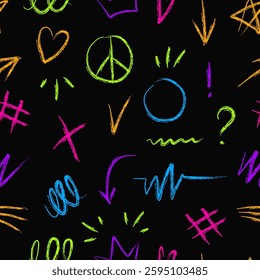Colorful Doodle Symbols Pattern on Black Background