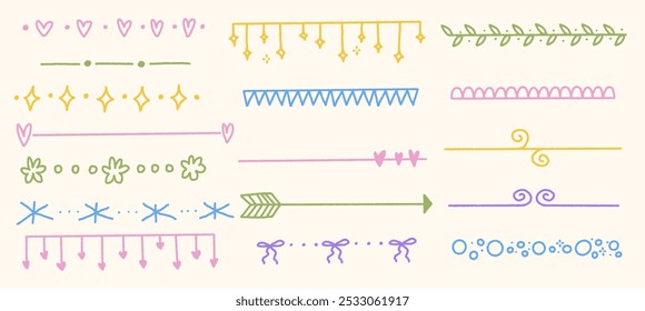 Divisórias de texto coloridas doodle definidas com estrelas, arcos e flores. Bordas vetoriais, corações e enfeites florais.