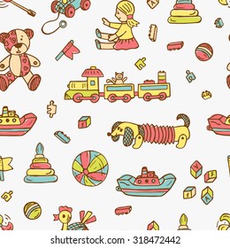 Colorful Doodle Toys seamless pattern. Kids background. Endless wallpaper.