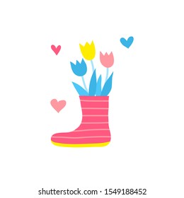 Colorful doodle tulip flowers in rubber boot with hearts around isolated on white background.