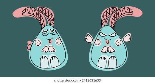 Colorful Doodle two Happy Easter bunnies: kind and angry. Vector multicolored hand drawn illustration in black, blue, pink colors for cards, business, banners. Isolated on colorful green background.