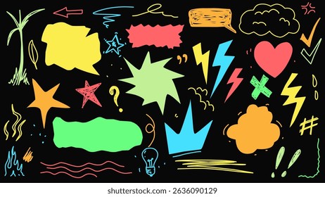 Image vectorielle doodle colorée avec des textures crayon, mettant en vedette des étoiles, des nuages, de la foudre et des éléments abstraits amusants sur fond sombre