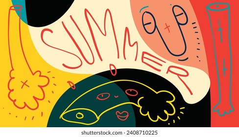 Colorful Doodle Vector Illustration Background for Summer Holiday 2024 banner