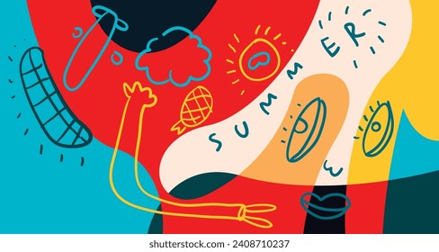 Colorful Doodle Vector Illustration Background for Summer Holiday 2024 banner