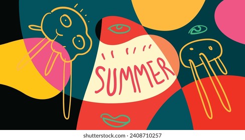 Colorful Doodle Vector Illustration Background for Summer Holiday 2024 banner