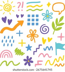 Colorido Vector doodle con Elementos dibujados a mano que incluyen sol, corazones, flechas, flores, hojas, estrellas, burbujas de discurso, ondas, arco iris y Formas abstractas sobre fondo blanco.