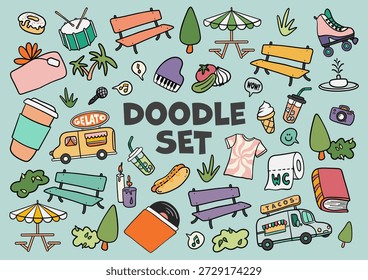 Un colorido conjunto de Vectores de garabatos de iconos y Elementos dibujados a mano inspirados en los festivales de verano. Perfecto para carteles, folletos, redes sociales, branding, diseños de fiestas, ferias, mercados y proyectos infantiles.