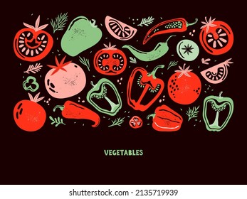 Colorful doodle vegetables on black background. Red and green pepper, hot chili, tomatoes, jalapeno, paprika. Vegetables cut in half, piece. Hand drawn vector horizontal banner, illustration, poster