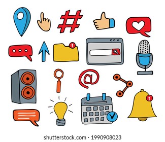 Colorful doodle web illustrations collection in vector. Colorful web icons collection in vector. Set of colorful web icons. Web concept illustrations collection