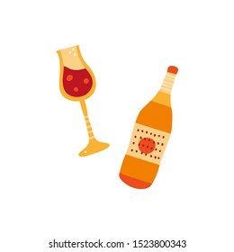 Colorful doodle wine in glass and bottle isolated on white background.