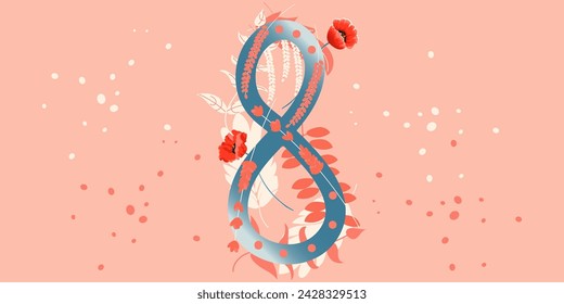 Colorful Doodle Womens Day with number 8 and flowers. Cute multicolored Vector hand drawn illustration done in blue, pink, red and white colors. Isolated on red background with dots