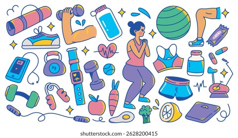 Colorful Doodle Workout Fitness Icons for Healthy Lifestyle and Exercise Design