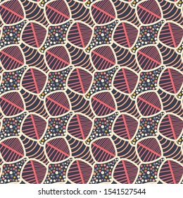 colorful doodled organic seamless geometric pattern tile with stripes and dots for textile, fabric, backgrounds, backdrops, wallpapers and creative surface designs. seamless design