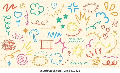 Colorful doodles with arrows, clouds, and stars. Arrows and clouds repeat, adding whimsy. Stars and arrows bring playful energy. Doodles, clouds, and arrows galore. Colorful doodle elements, vectors.