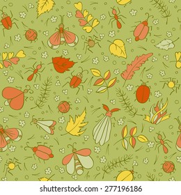 Colorful doodles Beetles Ants Butterflies foliage and needles. Insects seamless pattern. Kids vector illustration