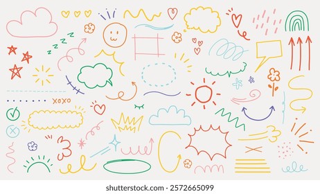 Colorful doodles of clouds, arrows, and stars. Playful clouds, vibrant arrows, and cheerful stars. Whimsical clouds, dynamic arrows, and lively stars. Colorful doodle elements, vector set.